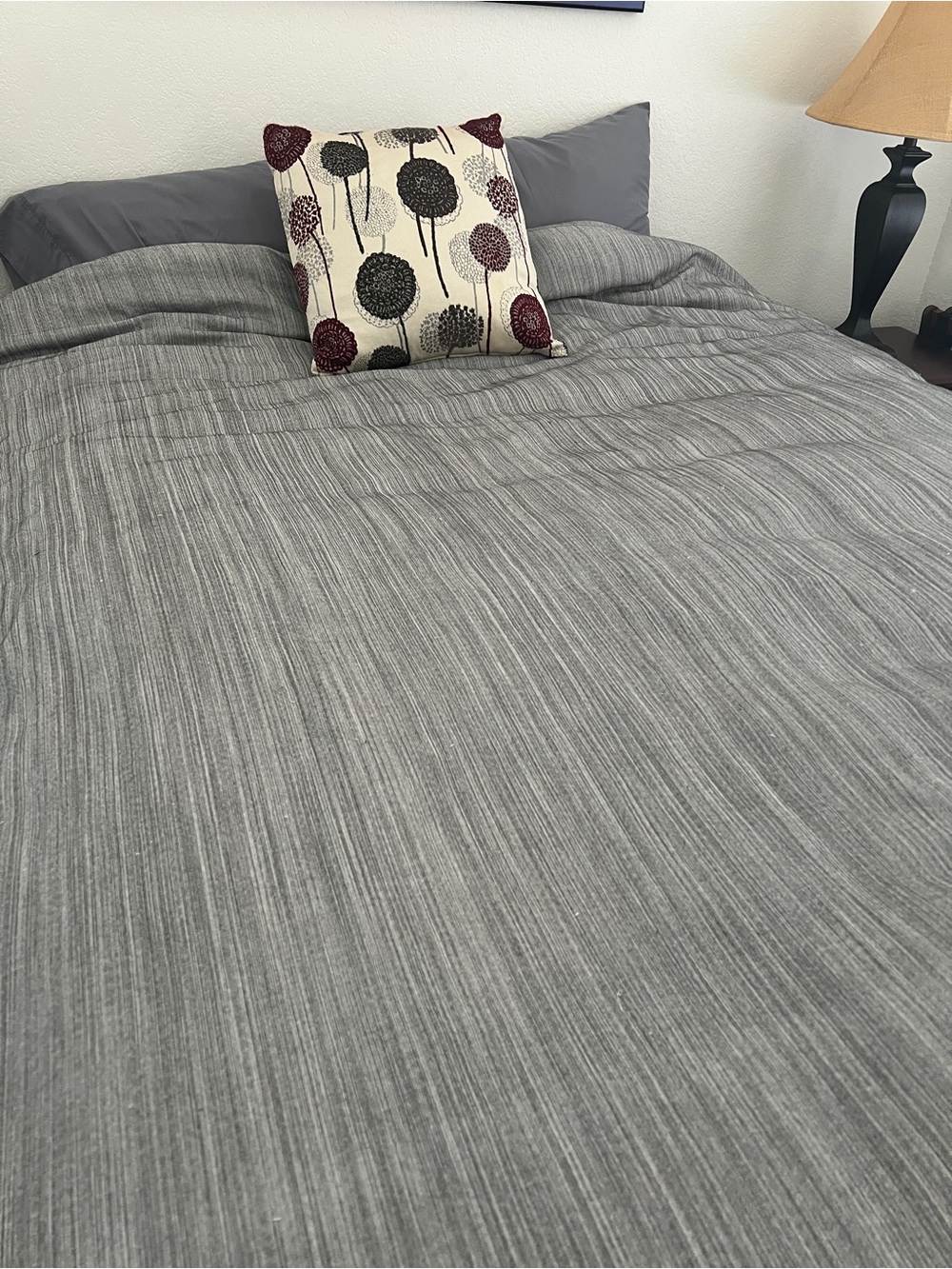 King Textured Grey Duvet Cover, shams and down-filled throw pillow!